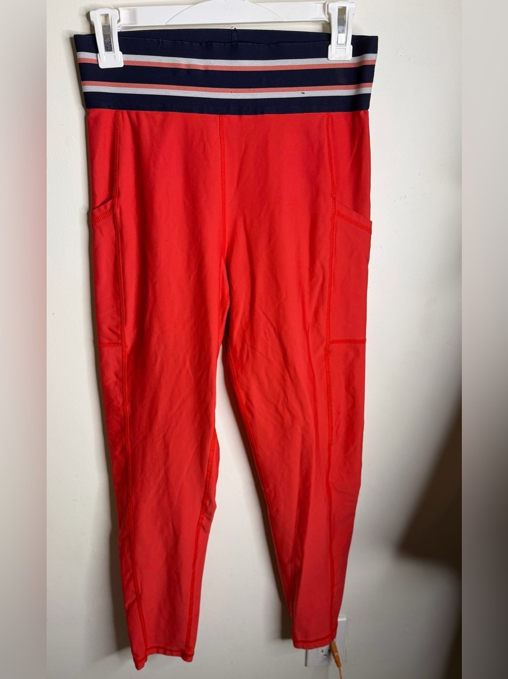 aerie Red Leggings with Navy & White Striped Waistband